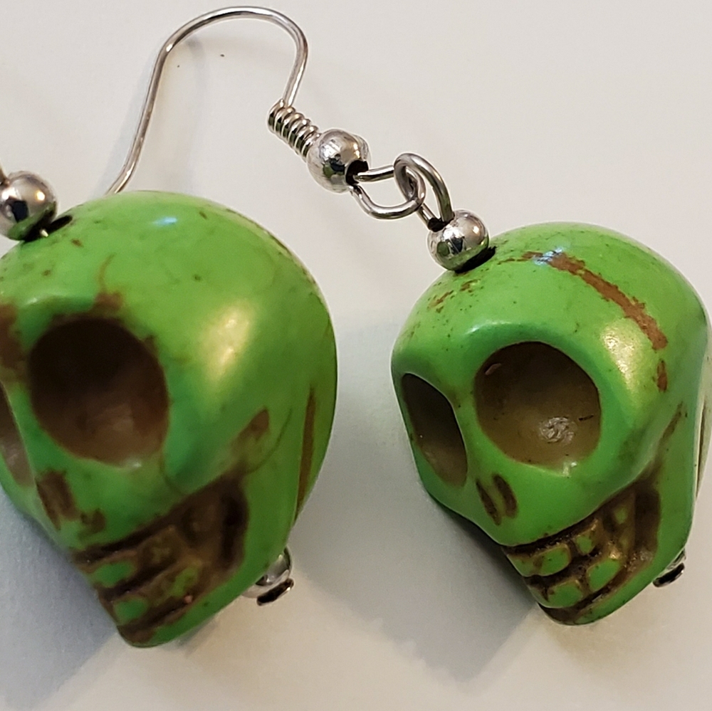 Gemstone Skull Earrings Green Howlite Carved Stone
